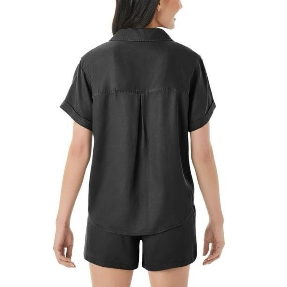 Women Tencel Camp Black Button-Up Shirt Size XL Short Sleeves New - Picture 2 of 7